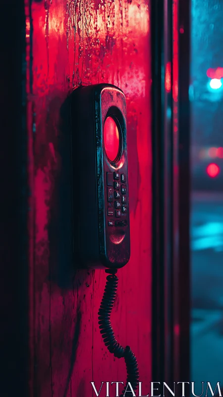 Neon-lit wall phone under moody cyberpunk street glow.