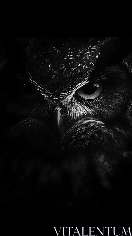 Monochrome owl portrait with dramatic low-key lighting focus.