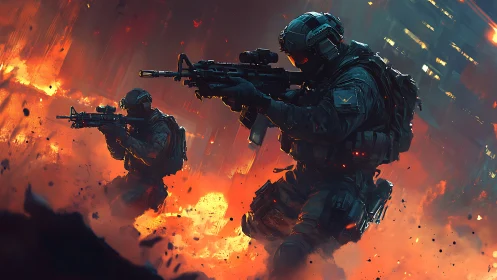 Armed tactical soldiers in urban fire zone digital artwork.