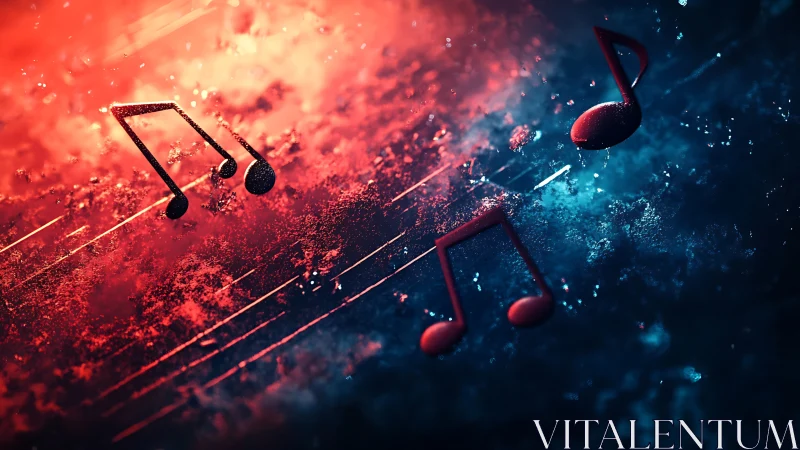Music notes float on textured red and blue abstract surface