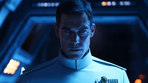 Stoic officer stands under cold blue starship lighting