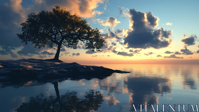 Solitary tree on rocky shore at calm reflective sunset.