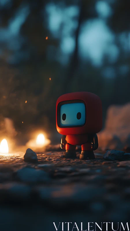 Small red robot in forest with distant warm lights.