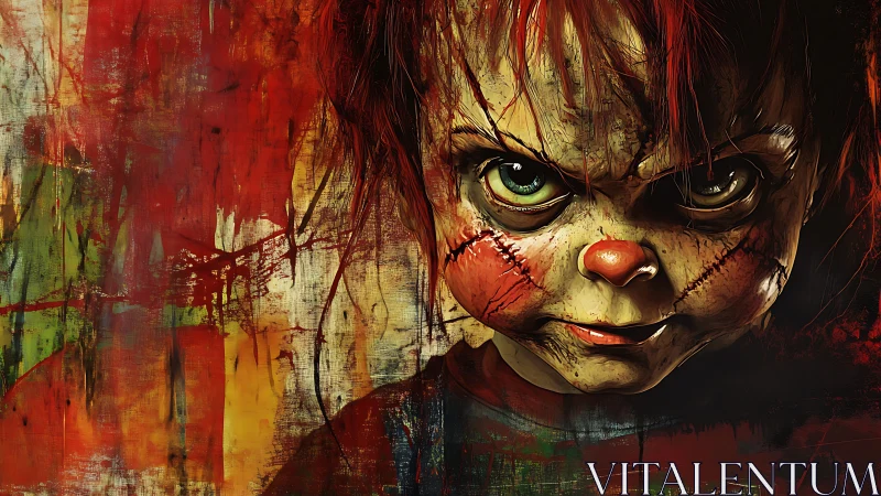 Grinning stitched doll stalks through splattered nightmare hues.