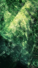 Layered green fractal gears with radial light forms.