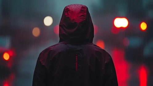 Solitary hooded figure in neon rainlit city street at dusk.