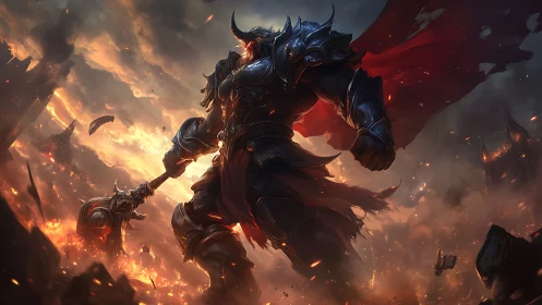 Armored warlord stands over burning battlefield in ruins.