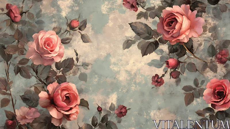 Vintage Rose Garden Against Weathered Floral Backdrop.