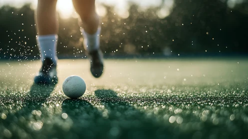 Low-angle sports shot isolates wet turf ball with shallow depth of field