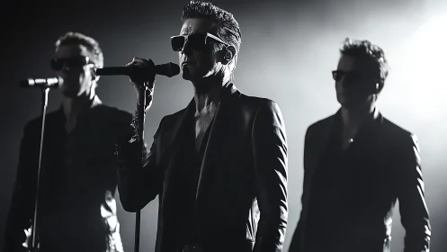 Moody monochrome stage performance captures band intensity