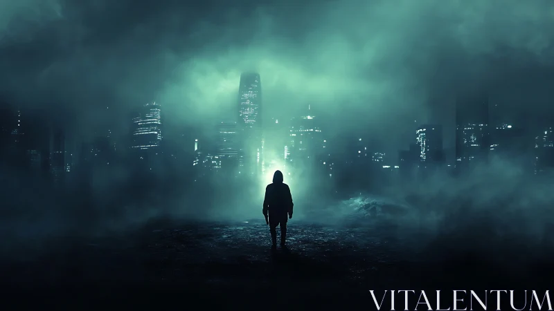 Lone wanderer stepping into a misty neon city glow.
