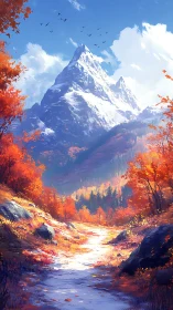 Snow peak above bright autumn valley path scene.