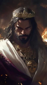 Bearded king in ornate crown stares downward amid firelight