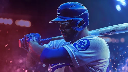 Electric-lit baseball slugger in intense digital portrait.