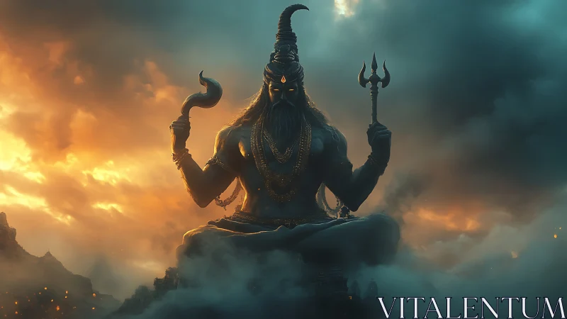 Giant seated deity silhouette holds trident against storm sky