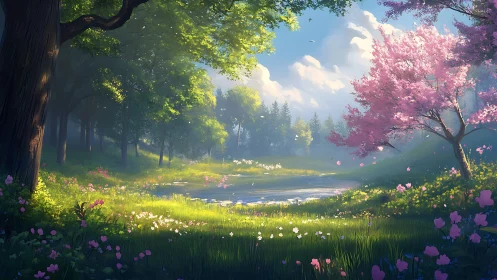 Spring forest clearing with pond under bright morning light