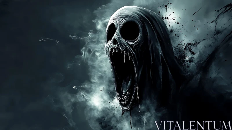 Wailing void phantom erupts from stormed midnight smoke.