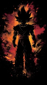 Silhouetted warrior in fiery chromatic energy field composition.