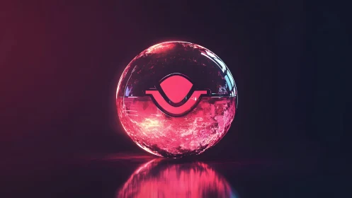 Futuristic glowing sphere with abstract logo in neon pink tones.