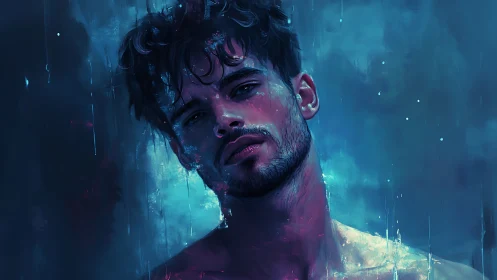 Moody blue portrait of a thoughtful man in soft neon light.