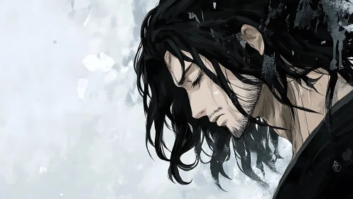 Melancholic warrior profile in monochrome ink wash style.