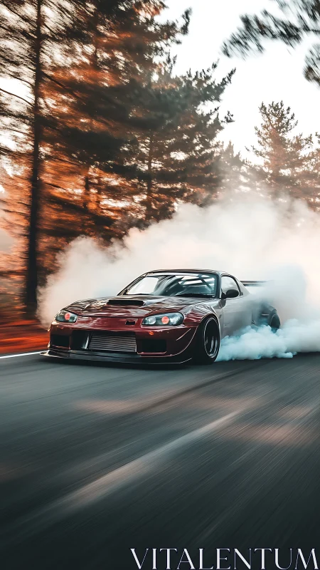 Turbo drift car tearing through smoky forest highway.