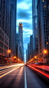 City lights racing beneath a calm blue evening sky.