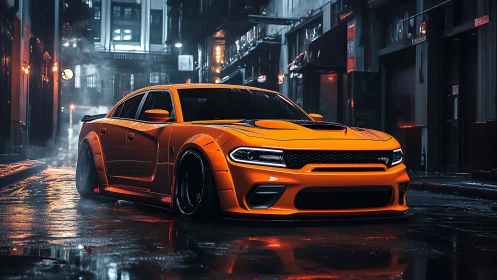 Neon-burnished muscle car stalks a rain-slick midnight alley.
