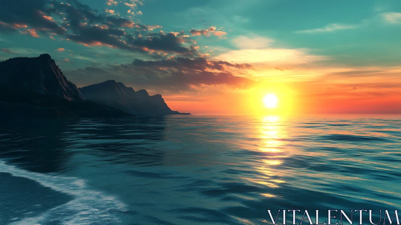 Neon-kissed ocean sunset cradling shadowy cliff giants.