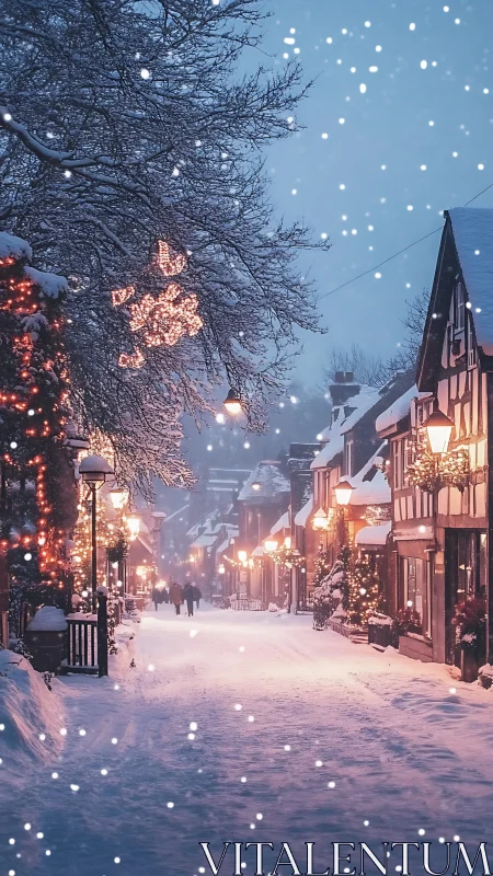 Snowfall over illuminated winter village street at dusk.