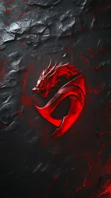 Red metallic dragon emblem on dark textured surface.