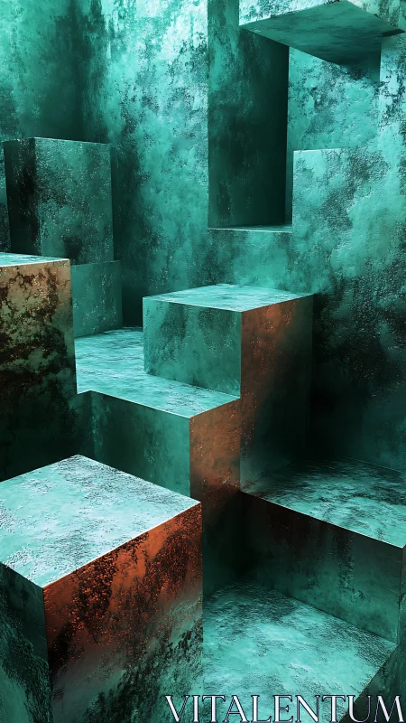Warm teal stairway of textured geometric blocks in light.
