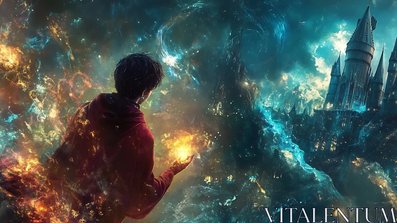 Firelit young sorcerer weighs a glowing castle in starlit void