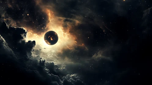 Planetary body is silhouetted against bright cosmic nebula