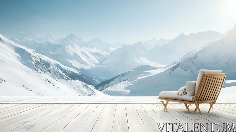 Wood deck lounge chair overlooks vast snowy alpine range