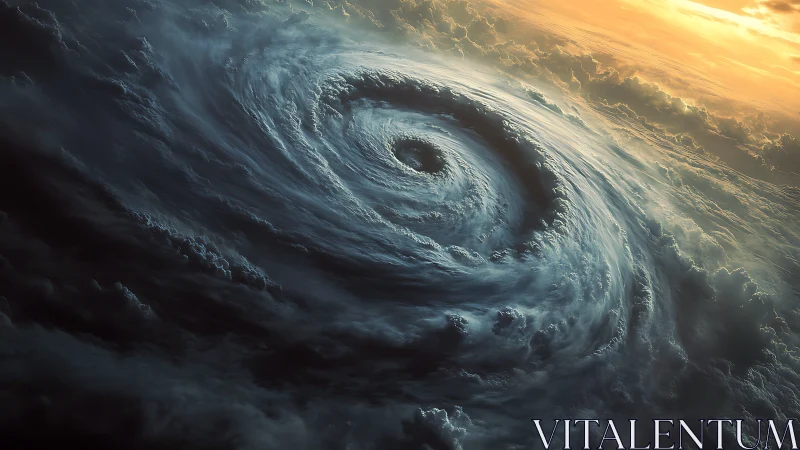 Storm vortex above clouds under burning sunset sky.