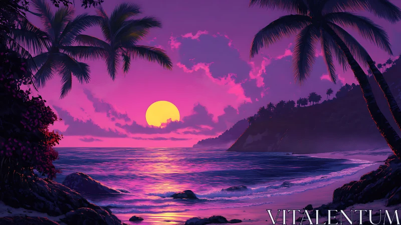 Neon tropical sunset over palm-framed violet shoreline.