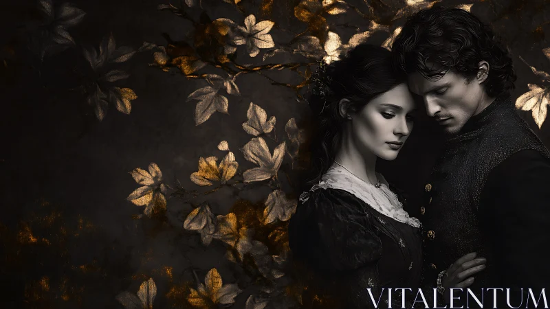 Cinematic couple portrait with golden foliage patterns and baroque-inspired chiaroscuro lighting