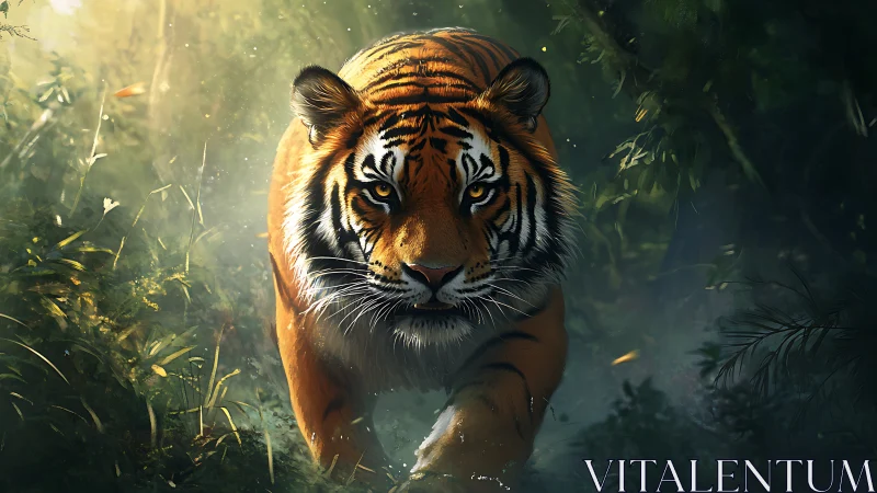 Majestic tiger stalks through misty jungle light with intent.