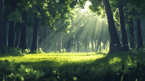 Sunlit animated forest clearing with lush grass and tall trees.