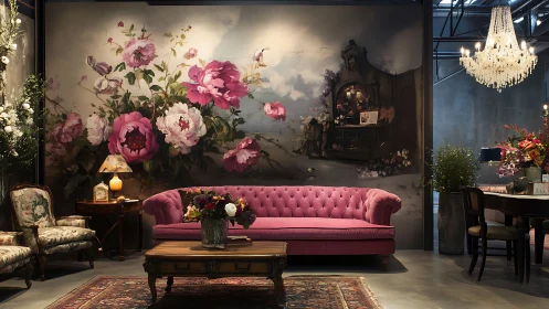 Velvet pink sofa anchors a romantic floral living room retreat
