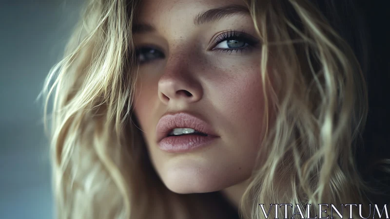 Soft-lit close-up portrait with windswept blonde hair.