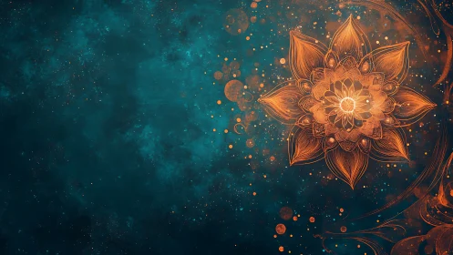 Geometric floral mandala over textured teal background.