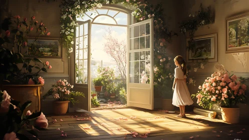 Interior doorway shows girl observing sunlit flowering terrace