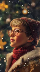 Snowlit daydreamer in crimson wool beneath twinkling bokeh.