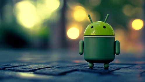 Playful green android mascot on cobblestones at dusk.