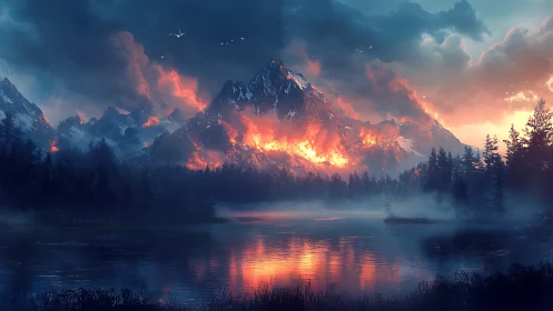 Molten Mountain Ablaze Over Mirror Lake at Dusk