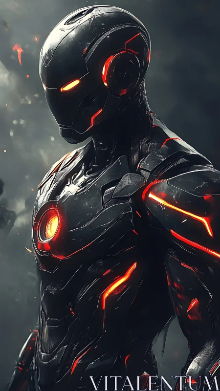 Futuristic armored android with red illuminated circuits.