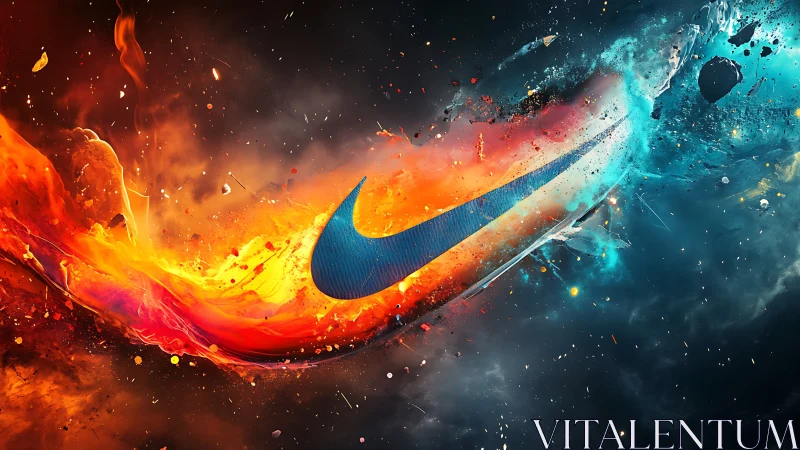 Blue swoosh cuts molten fire and ice across cosmic void