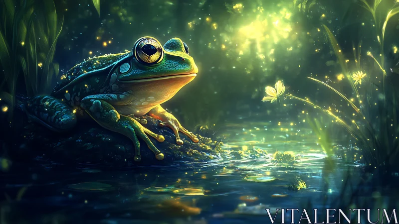 Moonlit frog watches glowing fireflies dance above the pond